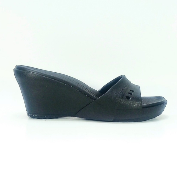 Crocs Kadee Wedge Womens 8 Black Open Toe Wedge Heel Slide Sandals - Picture 1 of 10